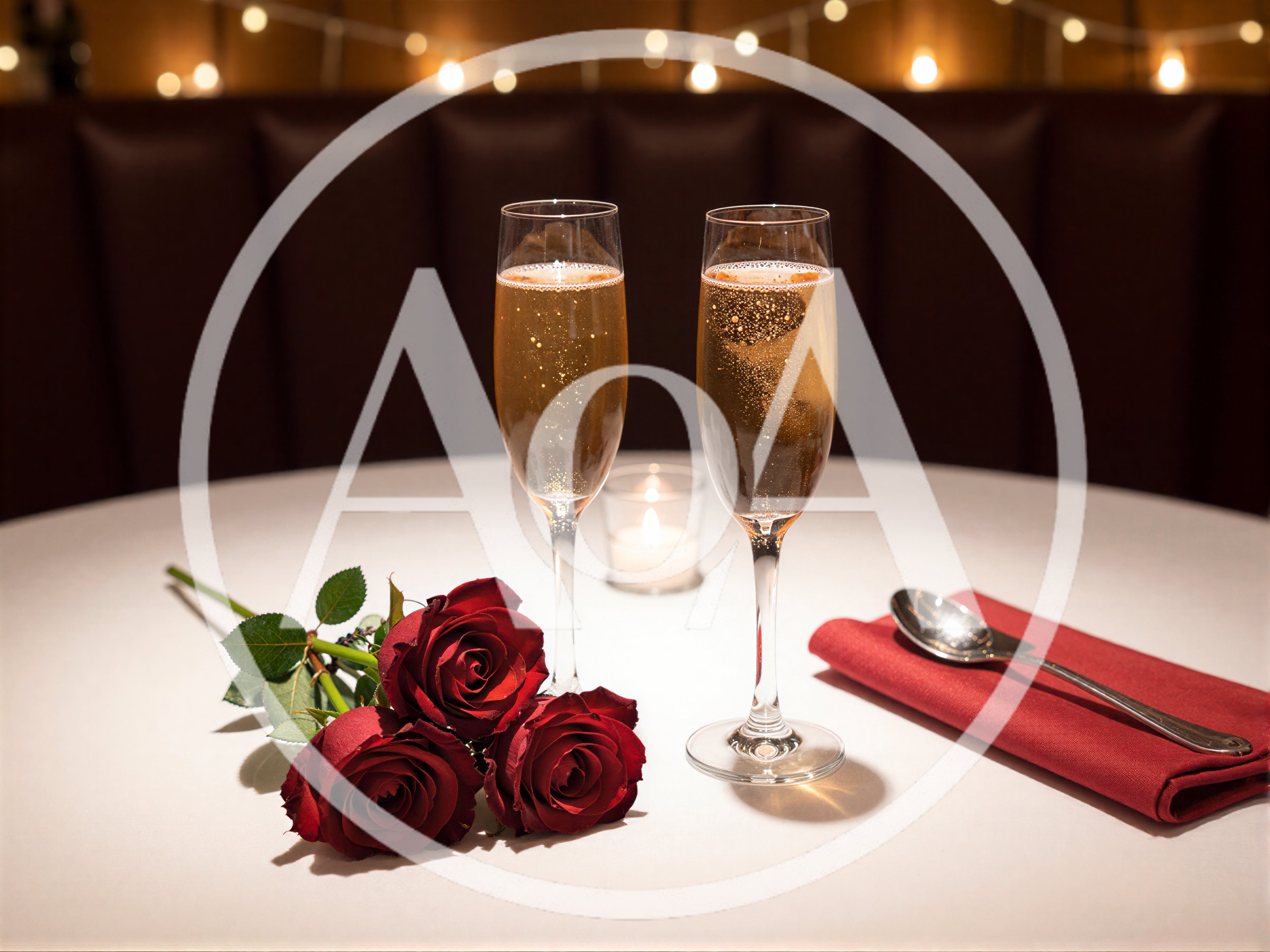 Romantic Dinner Setting With Champagne And Red Roses