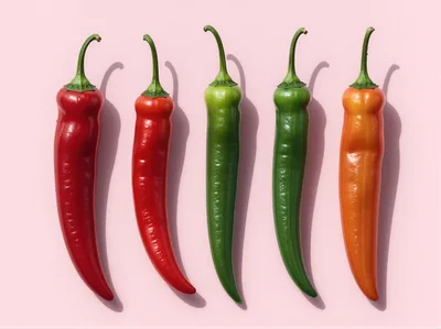 Five Fresh Chili Peppers Arranged On Pink Background