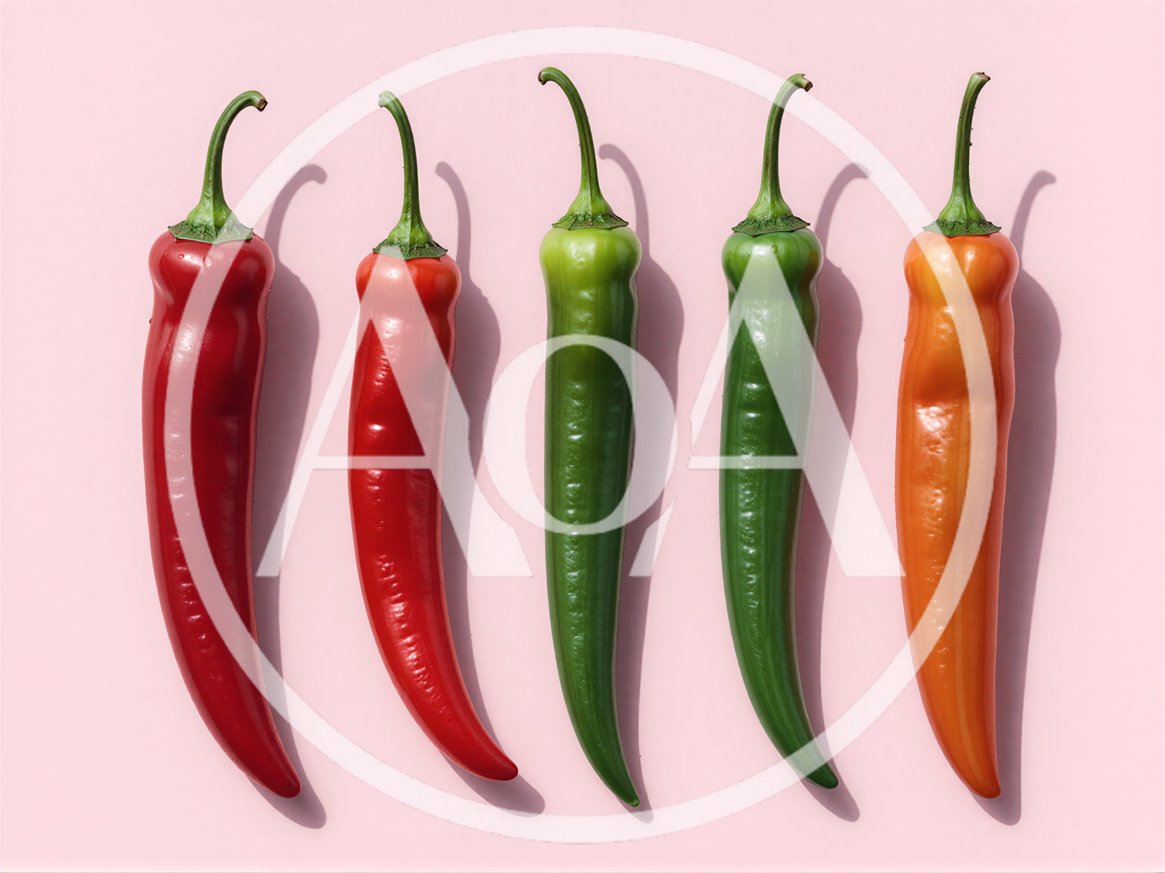 Five Fresh Chili Peppers Arranged On Pink Background