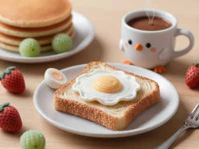 Cute Breakfast Set With Pancakes And Egg Toast