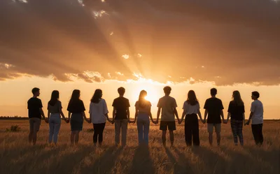 Group Of Friends Holding Hands In A Golden Field