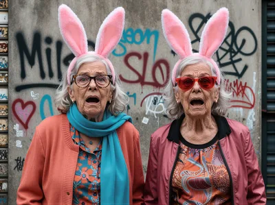 Two Elderly Women Wearing Bunny Ears Against Graffiti Wall