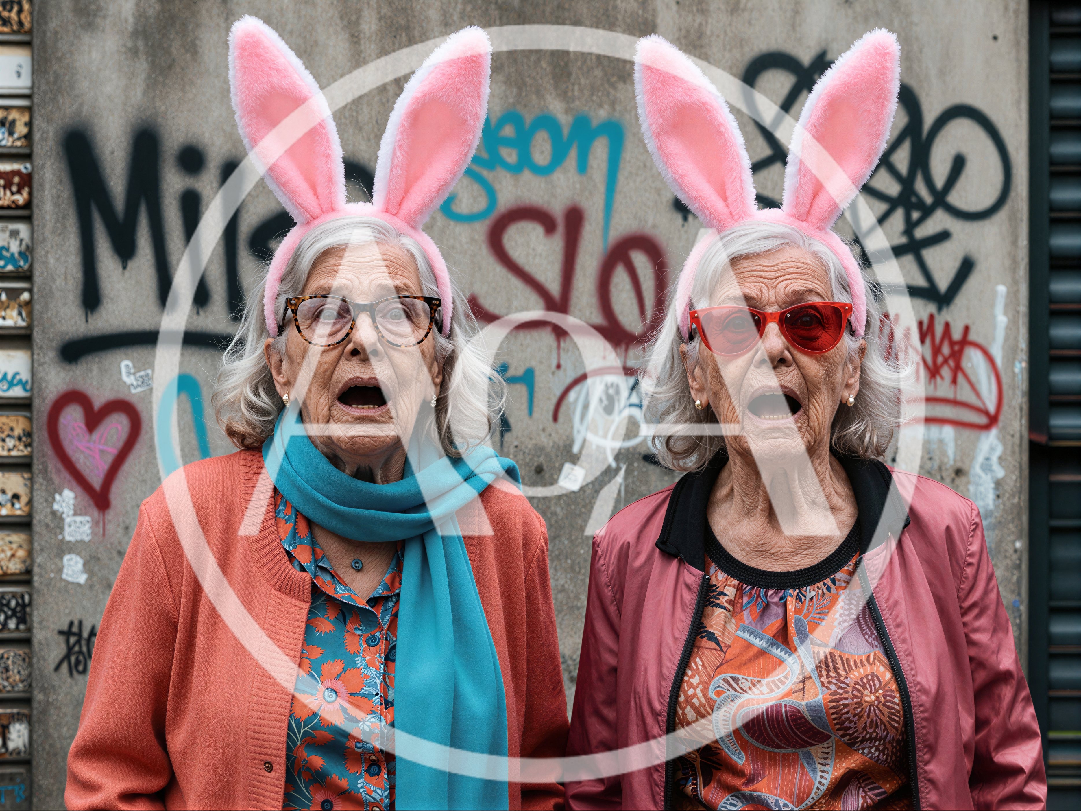 Two Elderly Women Wearing Bunny Ears Against Graffiti Wall