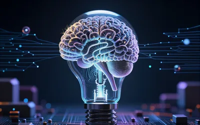 Digital Human Brain Inside A Glowing Light Bulb