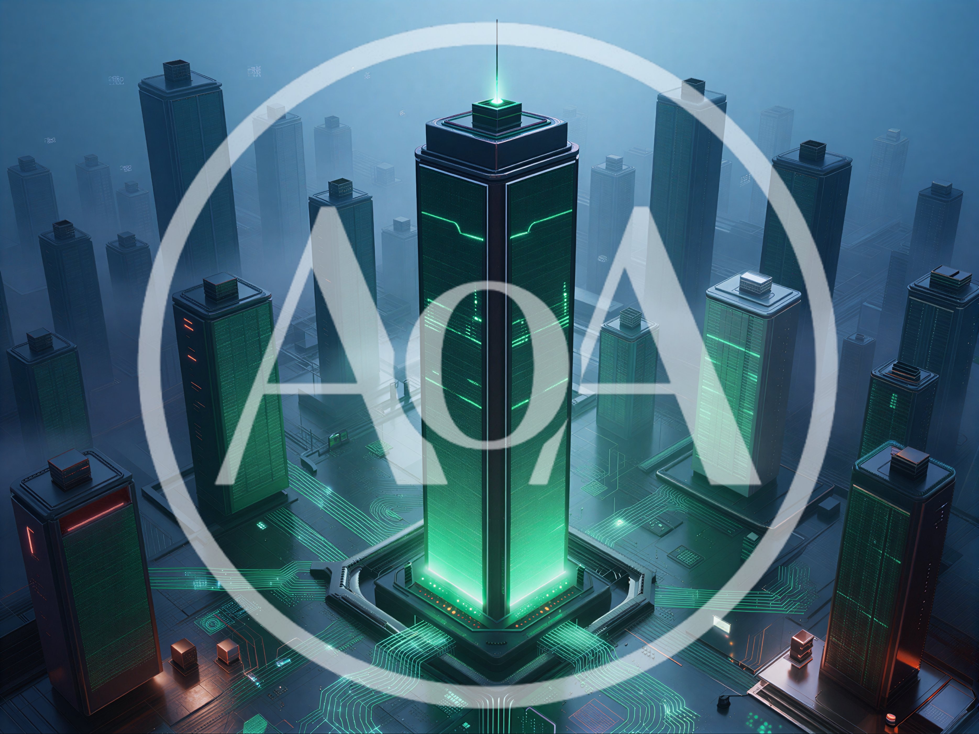 Futuristic Cyber Cityscape With Glowing Data Towers