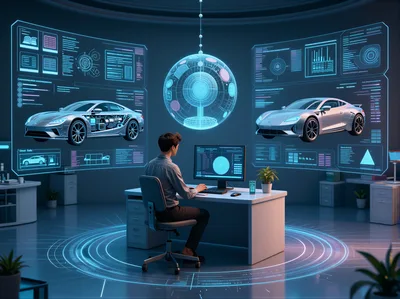 Automotive Engineer Designing Electric Vehicles In Futuristic Lab