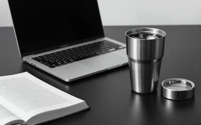 Laptop Book And Metal Tumbler On Desk