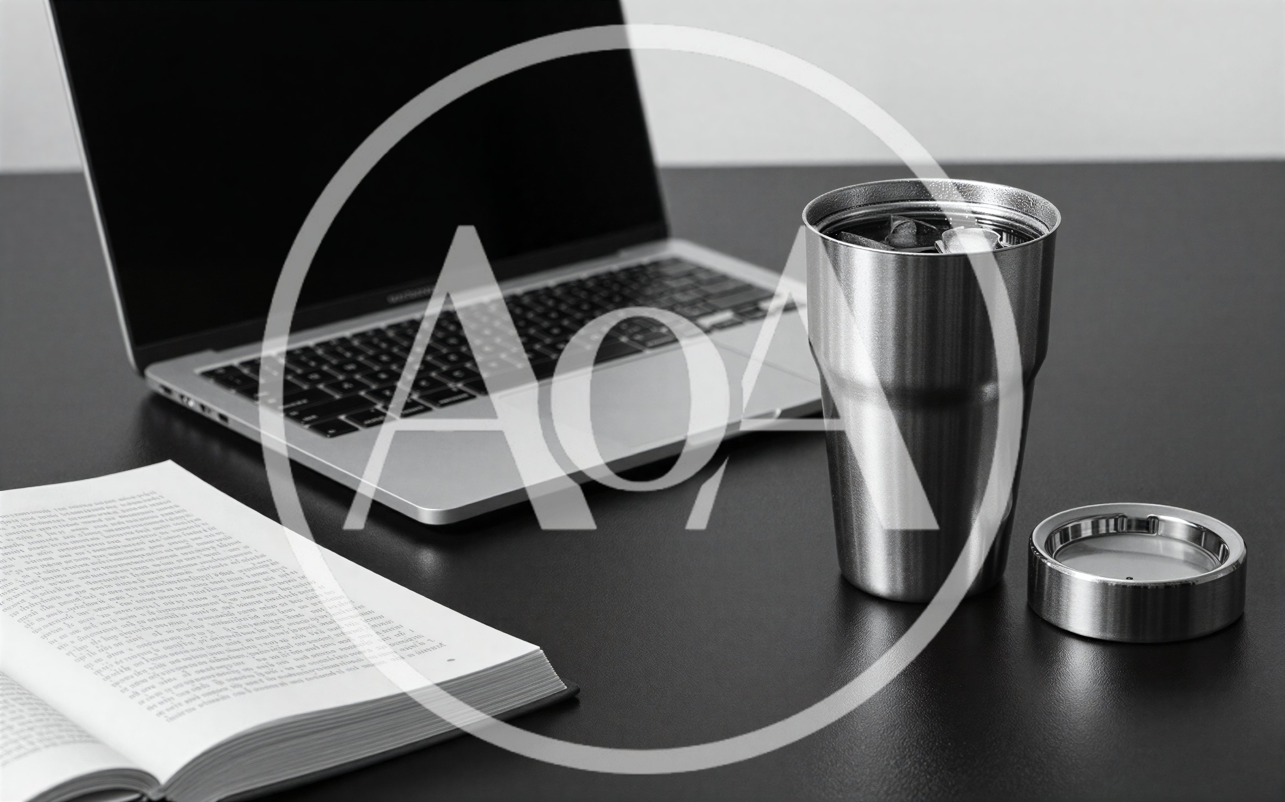 Laptop Book And Metal Tumbler On Desk