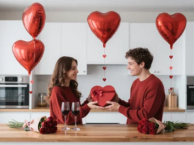 Young Couple Exchanging Valentine Gift in Kitchen