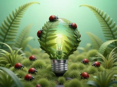 Glowing Light Bulb Surrounded By Ferns And Ladybugs