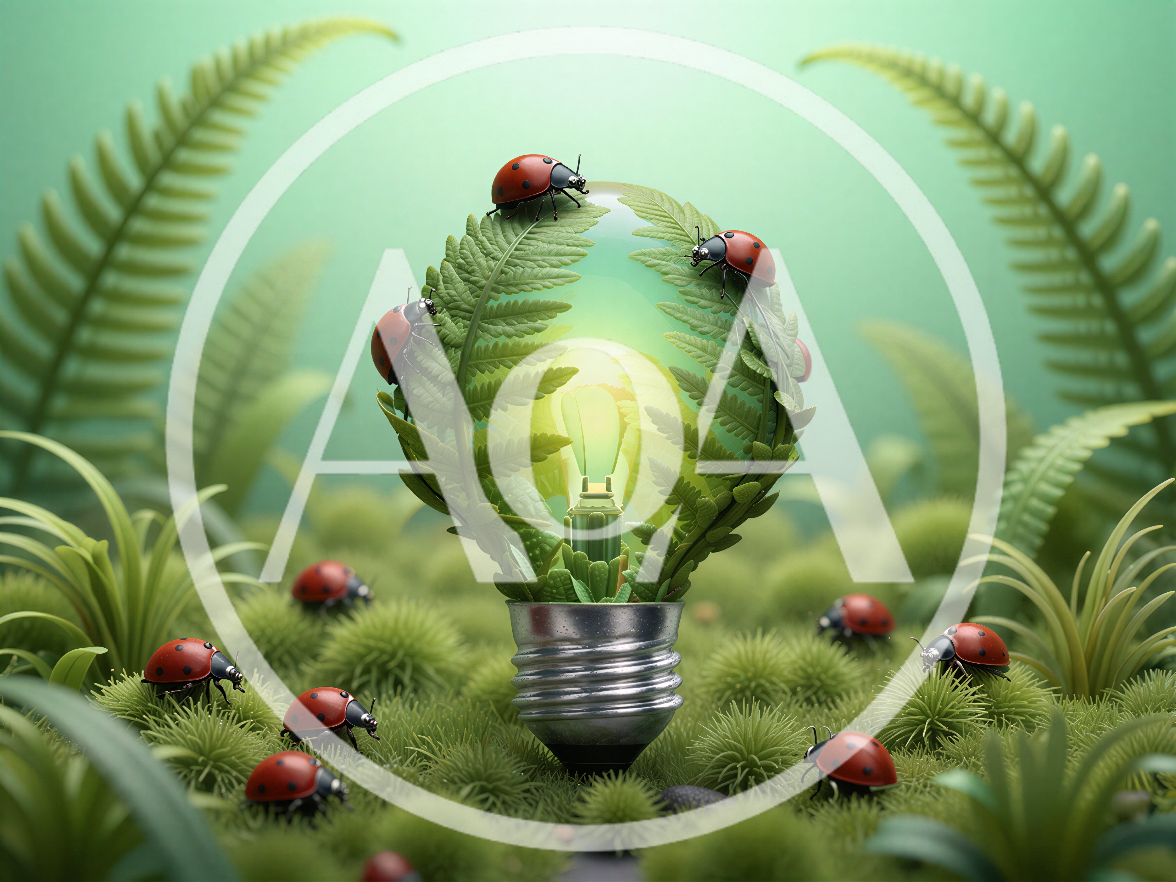 Glowing Light Bulb Surrounded By Ferns And Ladybugs