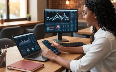 Professional Woman Analyzing Financial Data on Multiple Devices