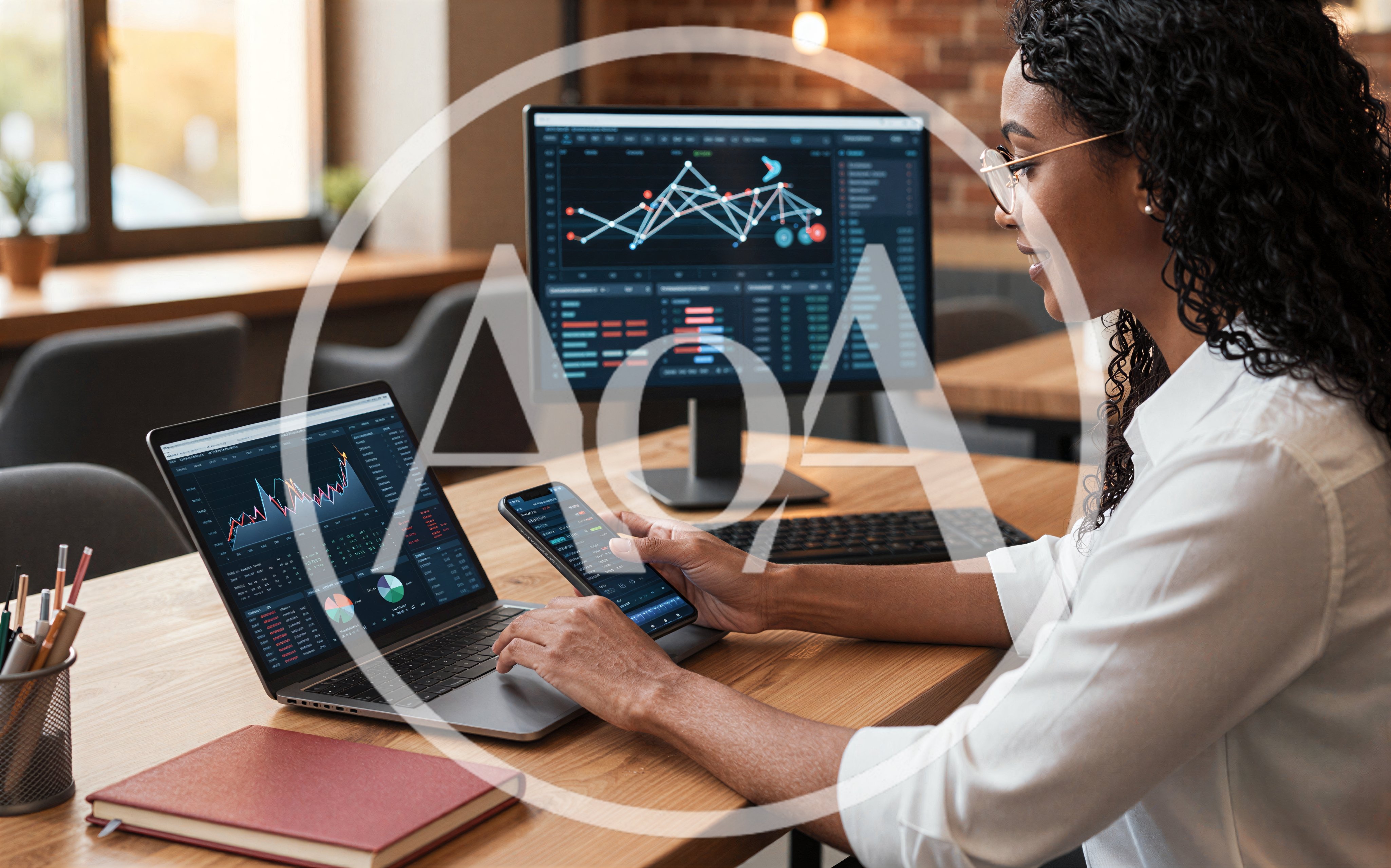 Professional Woman Analyzing Financial Data on Multiple Devices