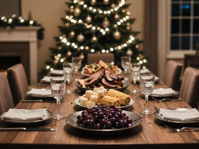 Festive Christmas Dinner Table Setting With Holiday Food