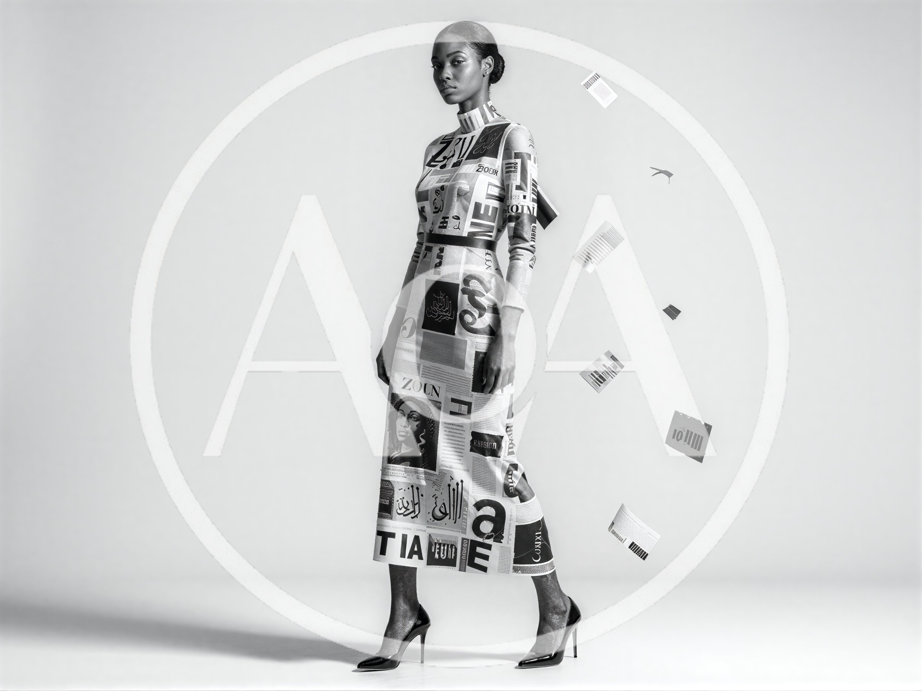 Fashion Model Wearing Newspaper Print Dress