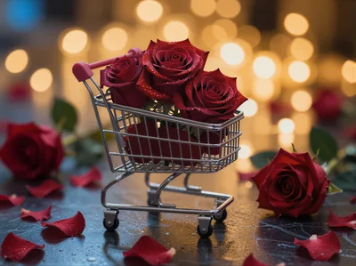 Red Roses Inside A Miniature Shopping Cart