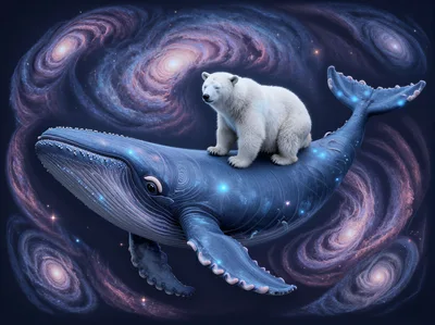 Polar Bear Riding A Cosmic Whale In Space
