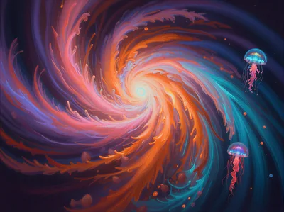 Cosmic Jellyfish Floating Through A Vibrant Spiral Nebula