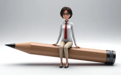 3D Cartoon Businesswoman Sitting On A Giant Pencil