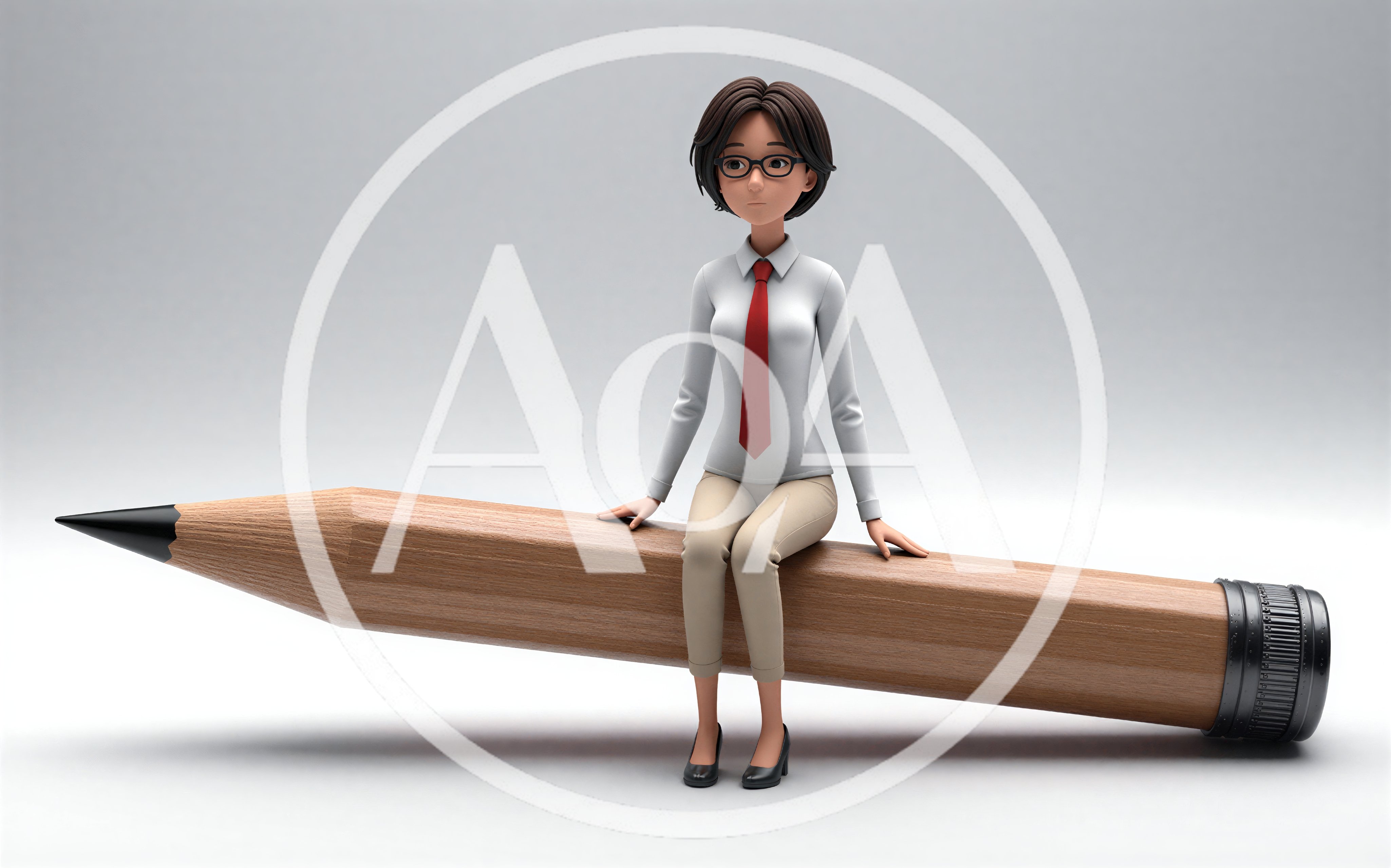 3D Cartoon Businesswoman Sitting On A Giant Pencil