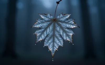 Single Maple Leaf With Raindrops In Misty Forest