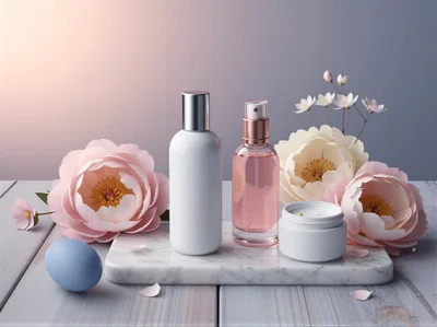 Skincare Product Set with Peonies on Marble Tray