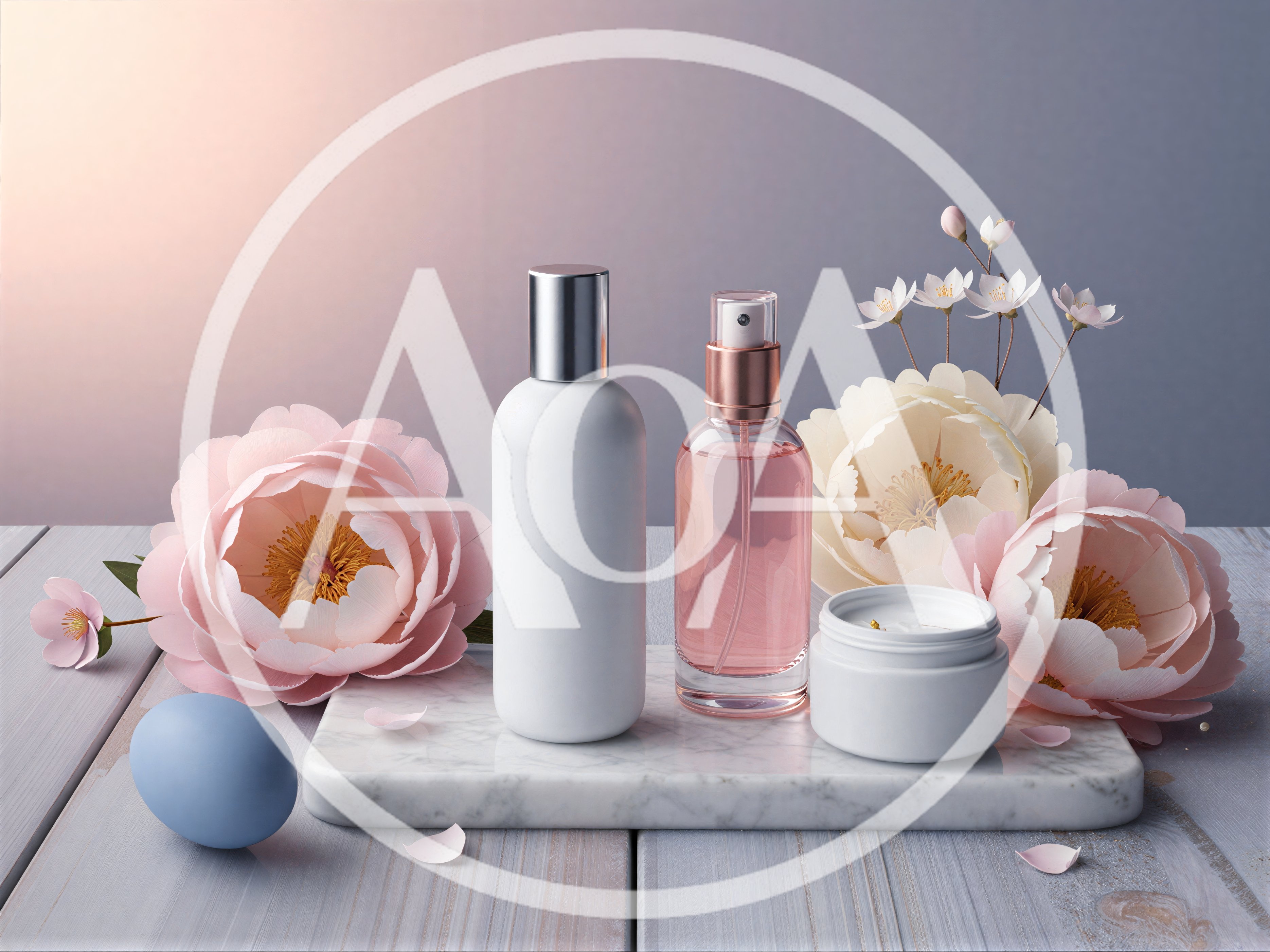 Skincare Product Set with Peonies on Marble Tray