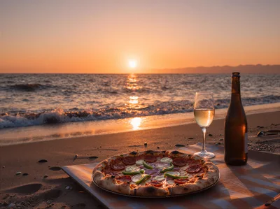 Romantic Beach Picnic With Pizza And Wine At Sunset