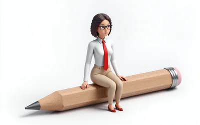 3D Cartoon Businesswoman Sitting On A Large Pencil