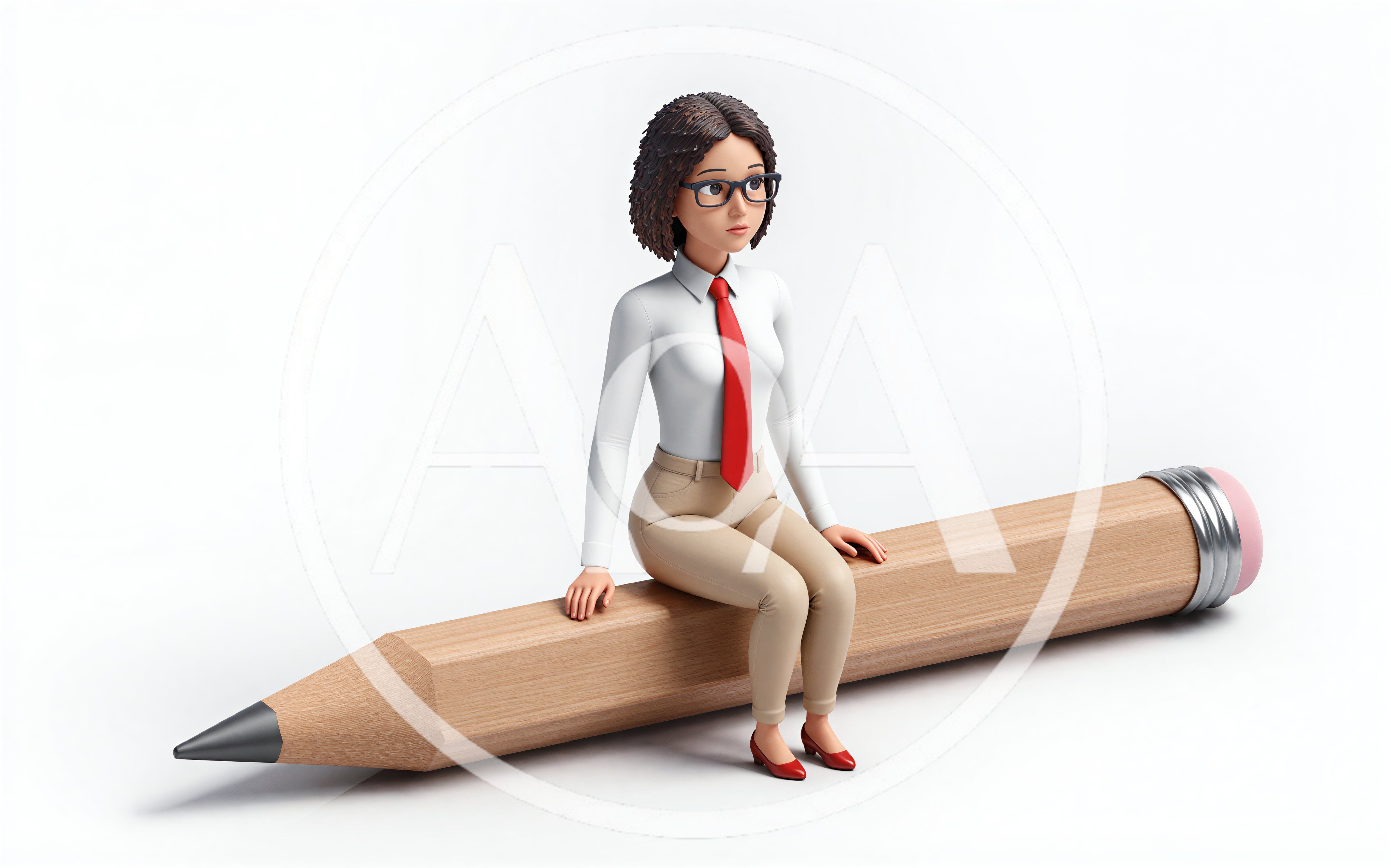 3D Cartoon Businesswoman Sitting On A Large Pencil