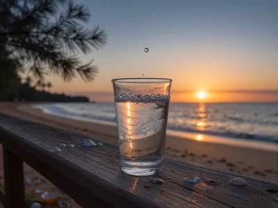 Glass Of Water On A Beach Railing At Sunset