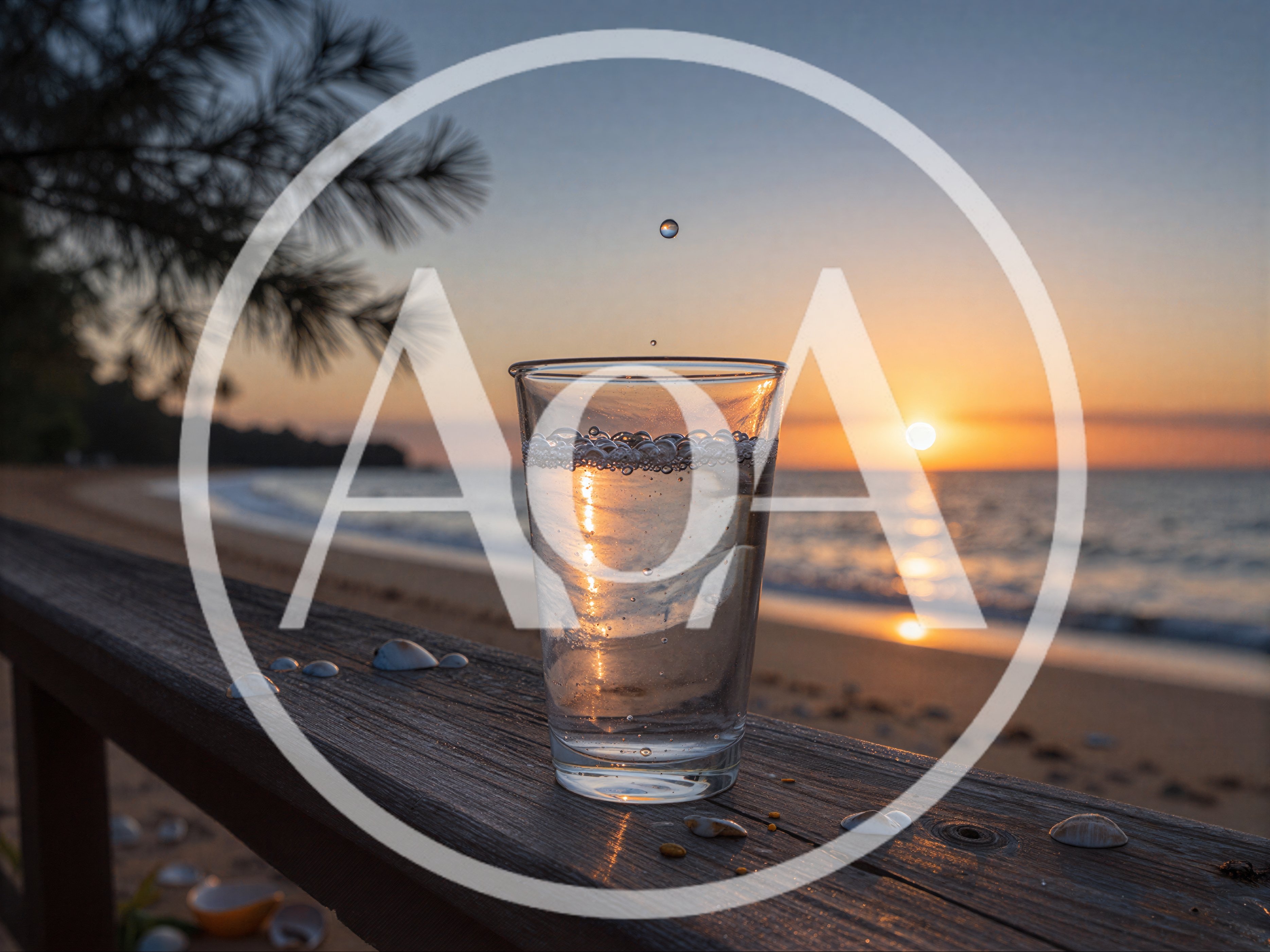Glass Of Water On A Beach Railing At Sunset