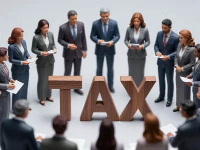 Business Professionals Standing Around Large Wooden Tax Letters
