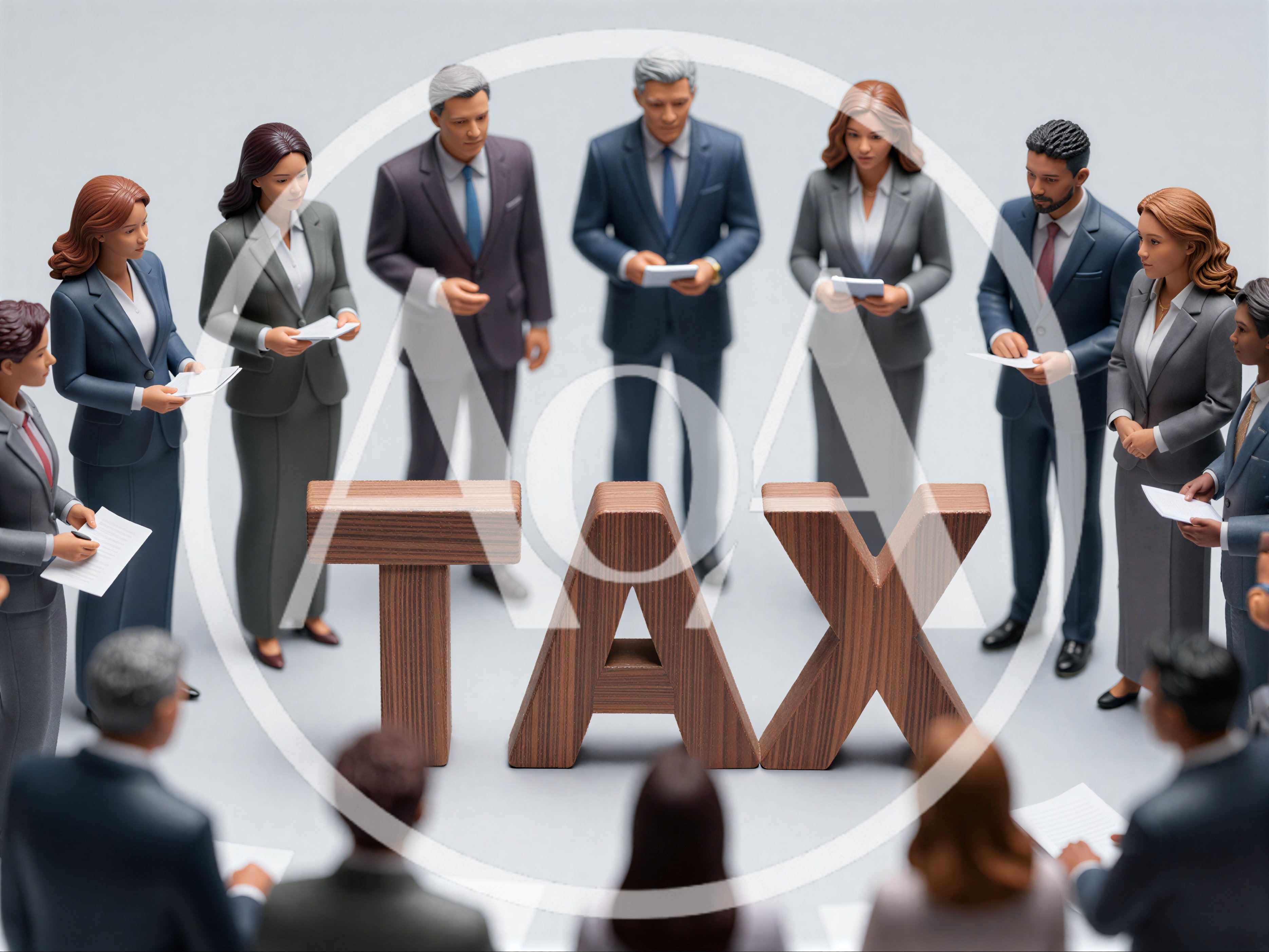 Business Professionals Standing Around Large Wooden Tax Letters
