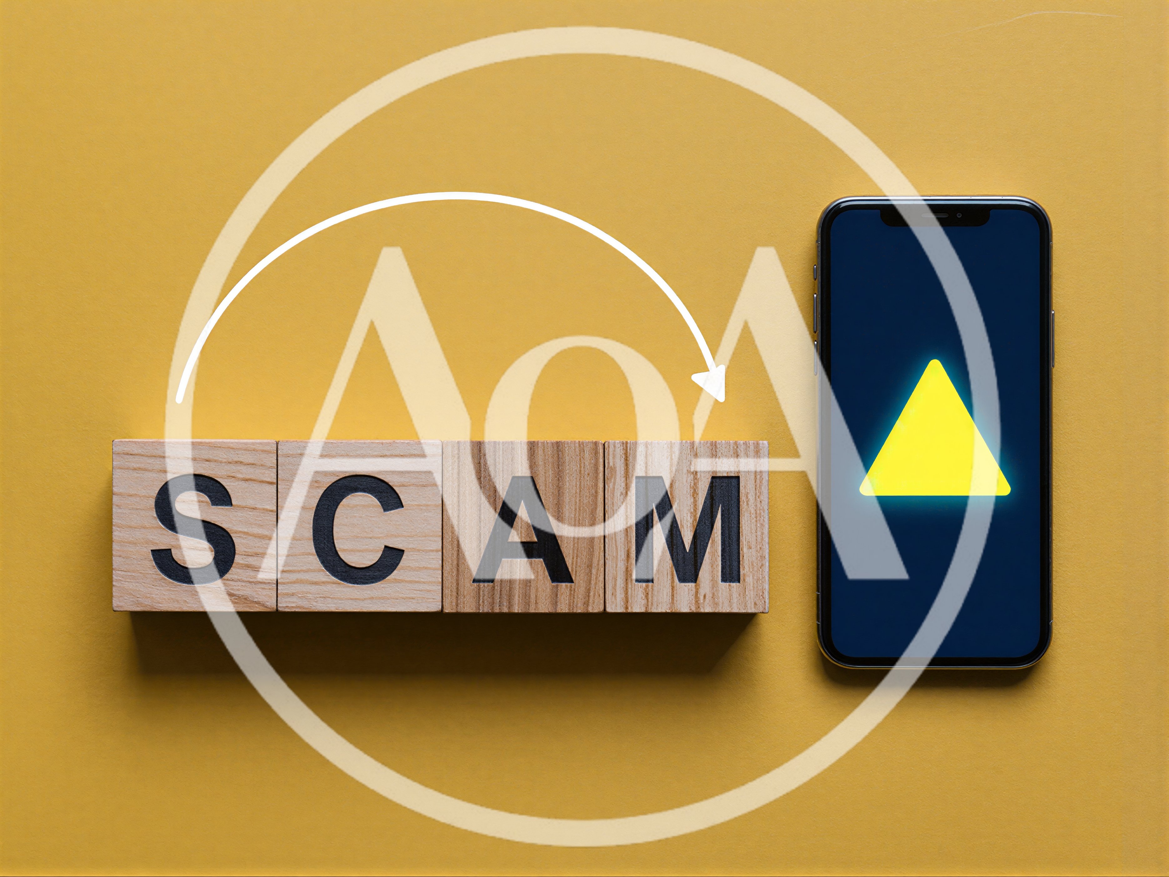 Wooden Blocks Spelling Scam Next To Smartphone With Warning