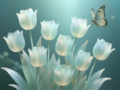 Ethereal White Tulips With A Delicate Butterfly