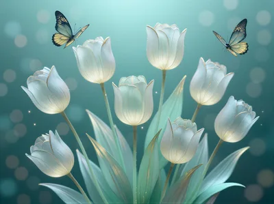 Ethereal White Tulips With Butterflies On Teal Background