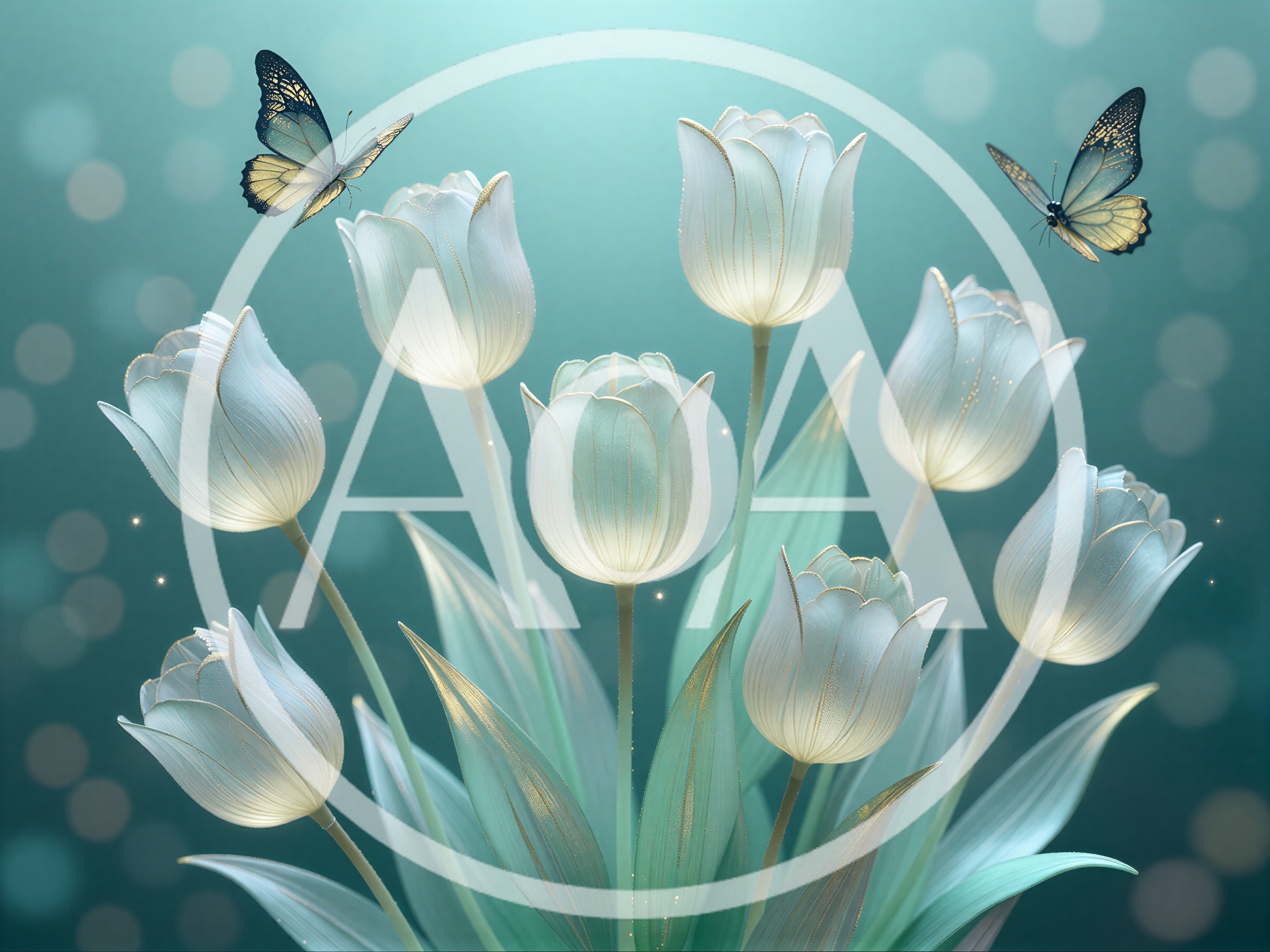 Ethereal White Tulips With Butterflies On Teal Background