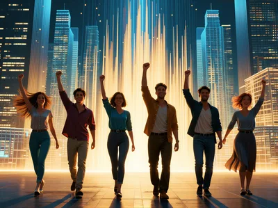 Diverse Group Of Young Professionals Celebrating Success In Futuristic City