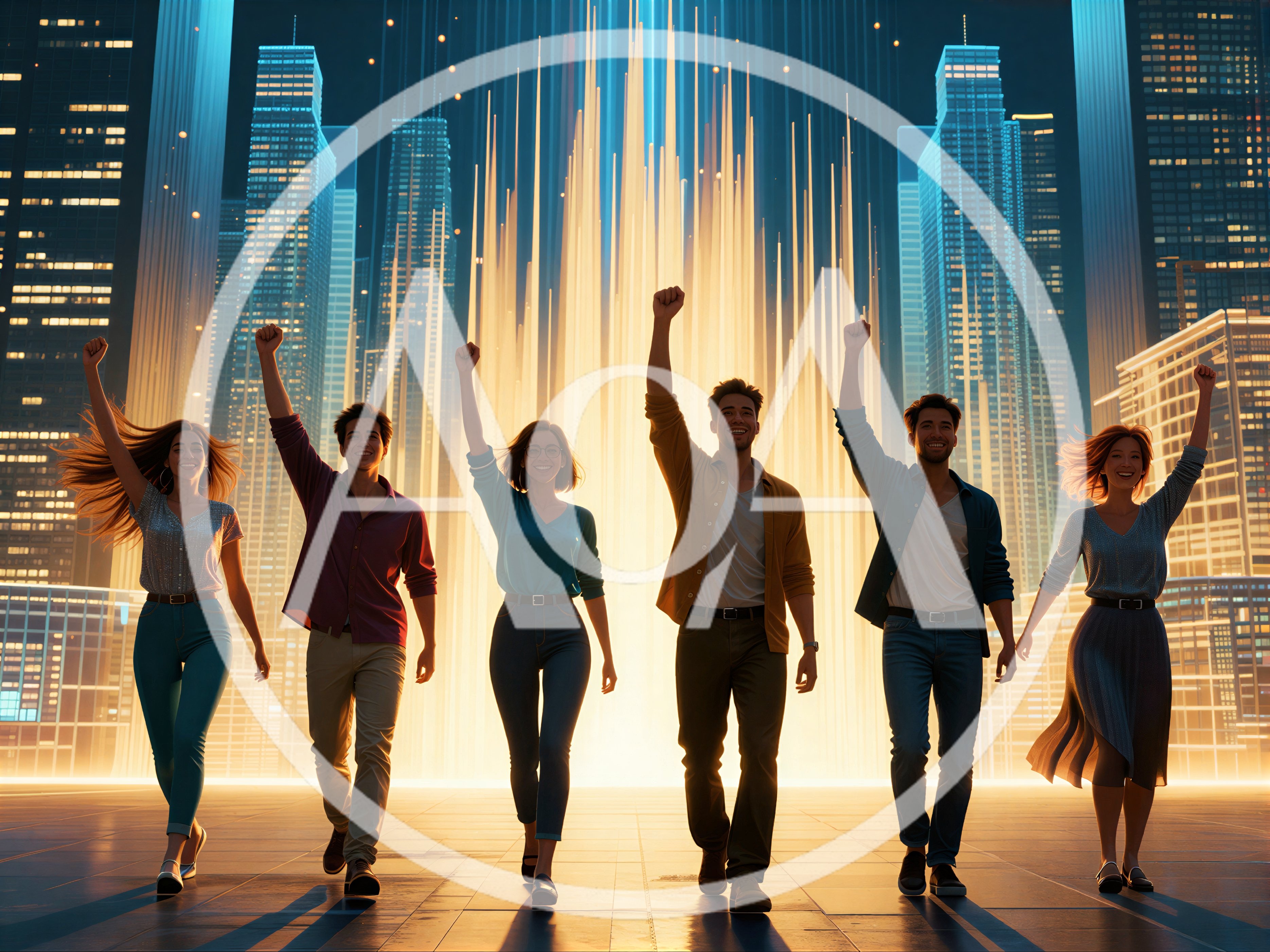 Diverse Group Of Young Professionals Celebrating Success In Futuristic City