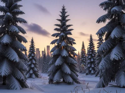 Polar Bear Standing In Snowy Pine Forest At Sunset