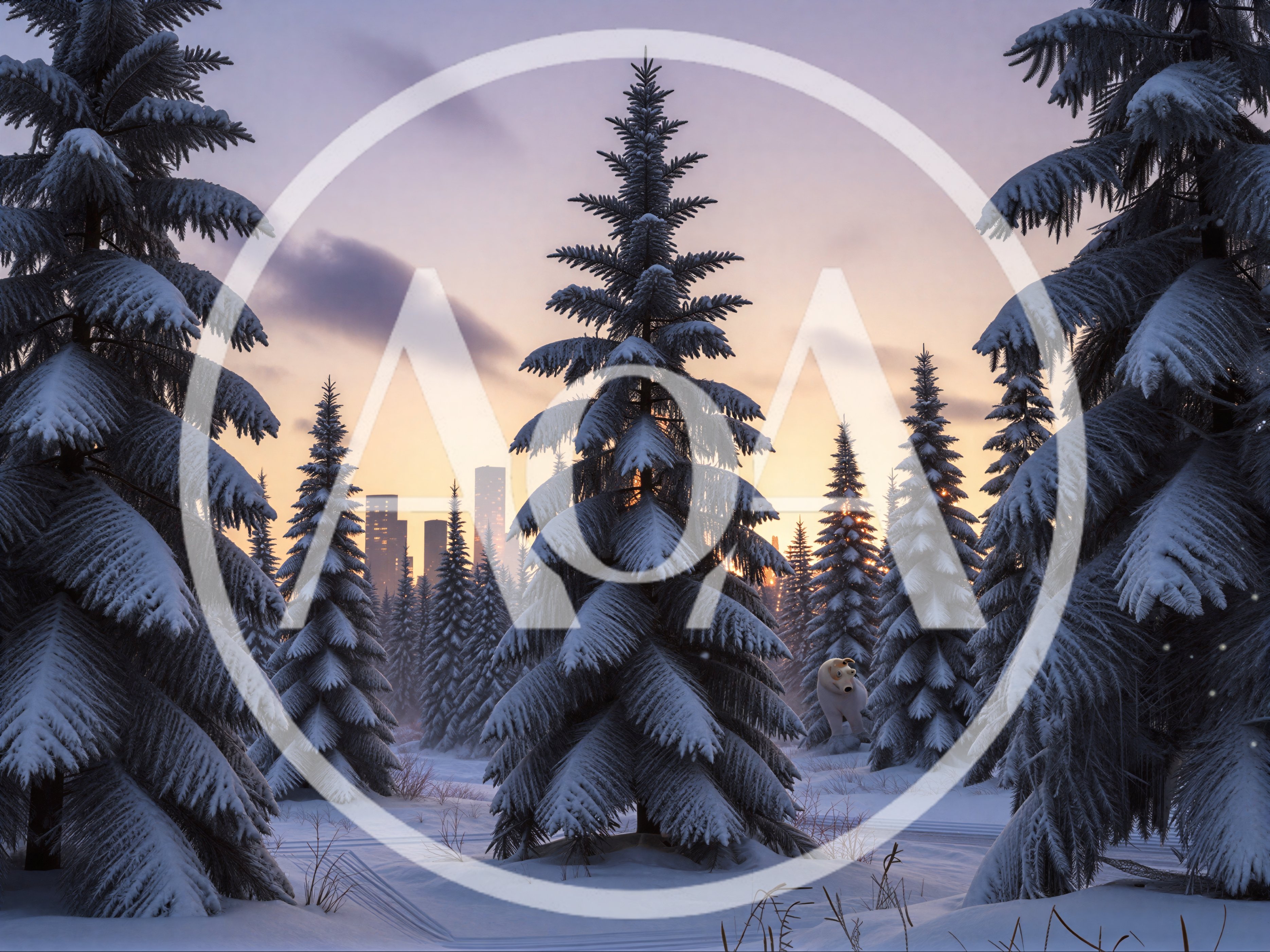 Polar Bear Standing In Snowy Pine Forest At Sunset