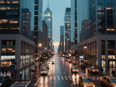 Yellow Taxis Driving Down A Wet City Street