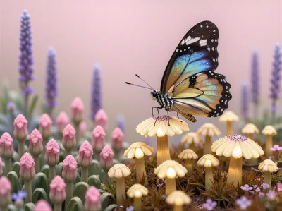 Butterfly Resting On A Glowing Mushroom In A Garden
