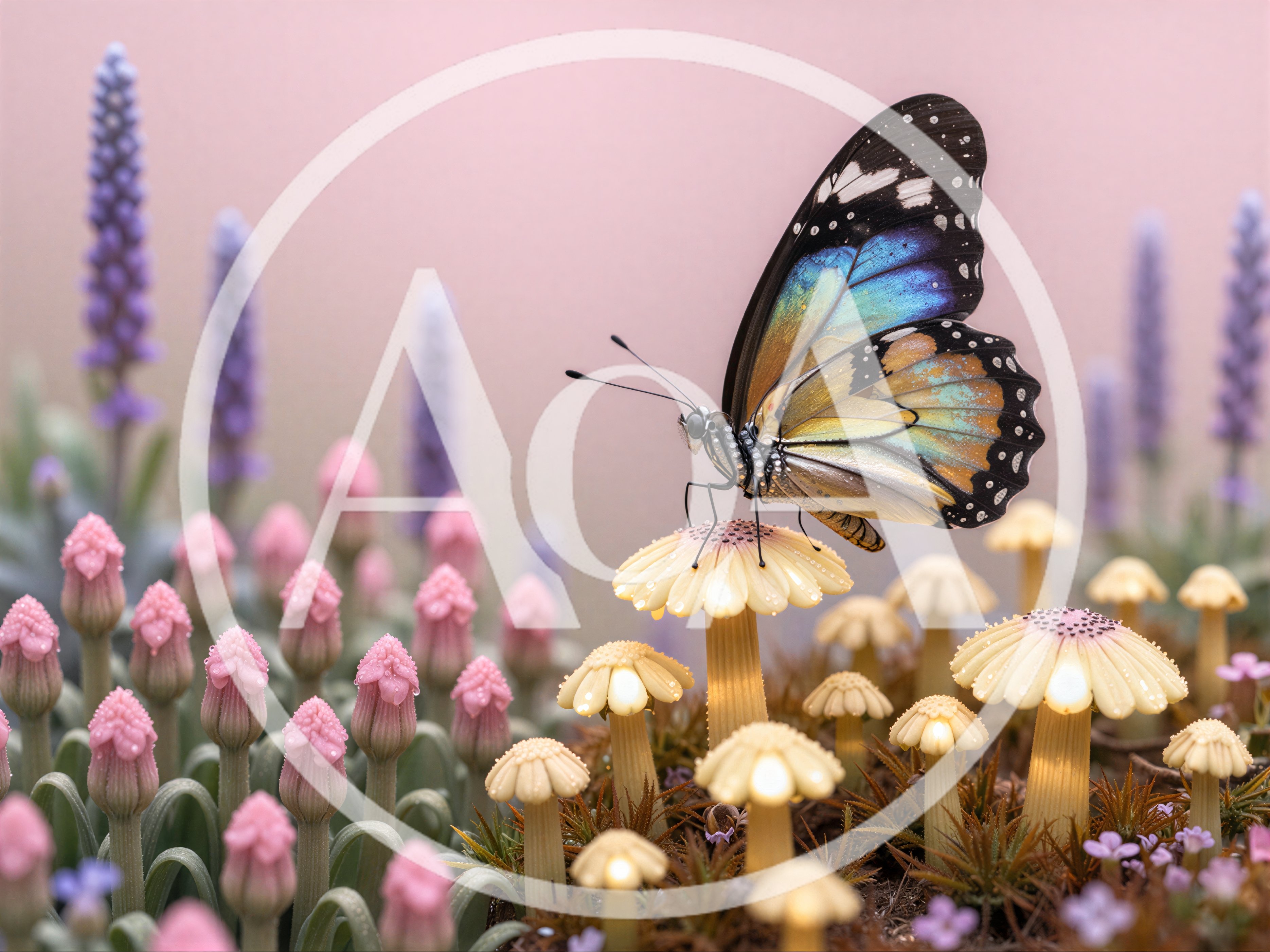 Butterfly Resting On A Glowing Mushroom In A Garden