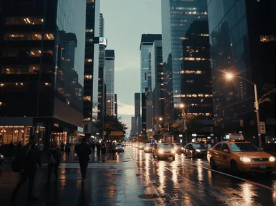 Rainy Evening Street Scene In New York City