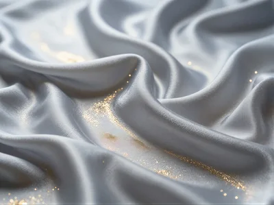Flowing Silver Silk Fabric With Golden Glitter Particles