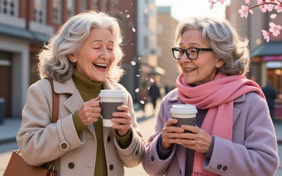 Two Senior Women Laughing While Drinking Coffee Outdoors