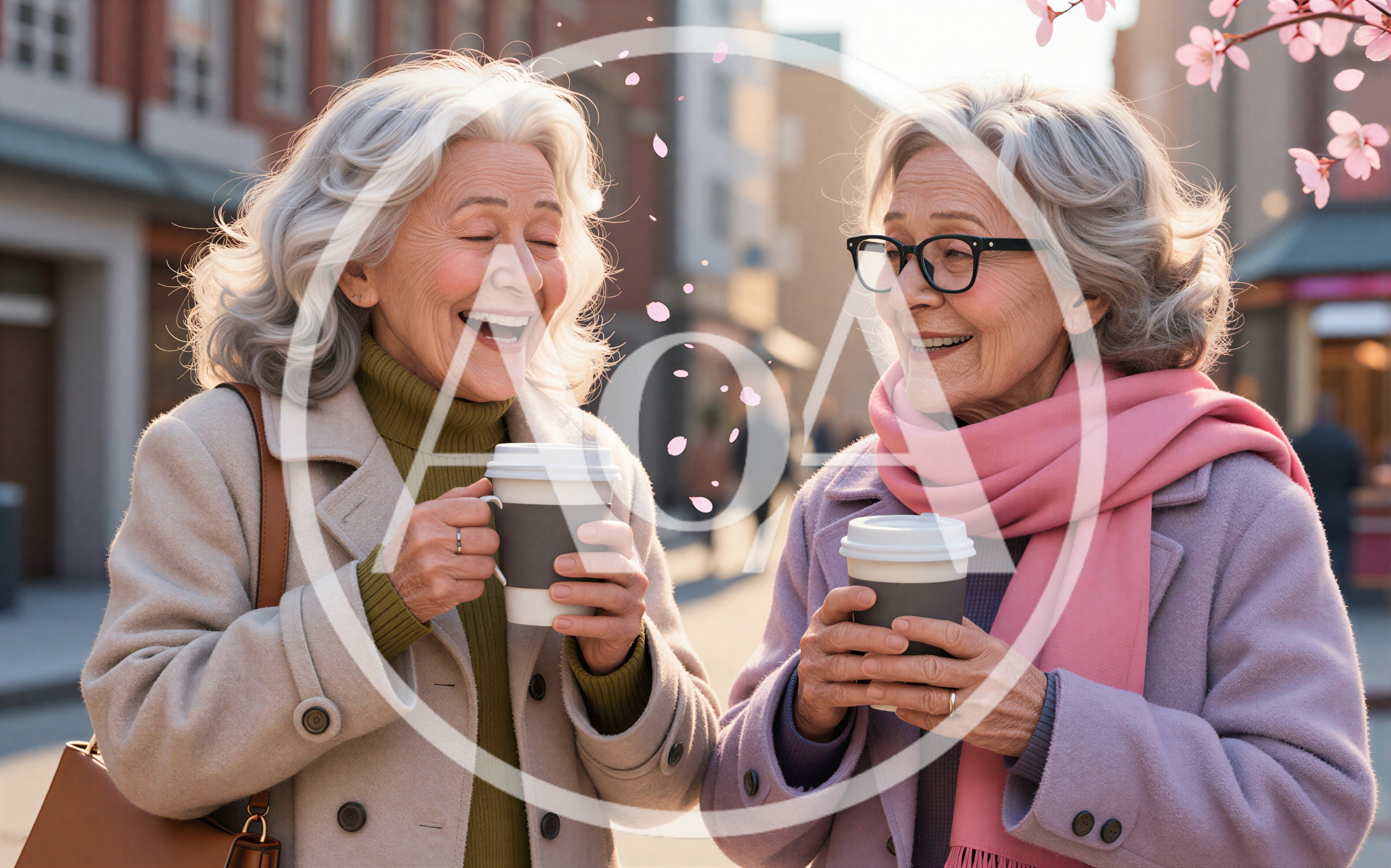 Two Senior Women Laughing While Drinking Coffee Outdoors