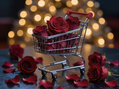 Miniature Shopping Cart Filled With Red Roses